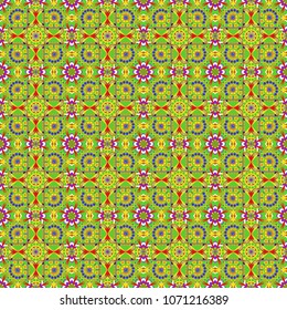 Vector mehendi design. Curved doodling mehndi motif in yellow, orange and green colors. Indifferent discreet. Seamless calming pattern. Ethnic colorful harmonious doodle texture.