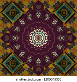 Vector mehendi design. Curved doodling mehndi motif in orange, green and brown colors. Indifferent discreet. Seamless calming pattern. Ethnic colorful harmonious doodle texture.