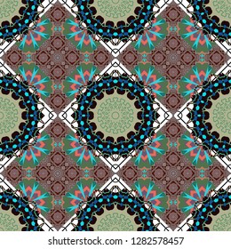 Vector mehendi design. Curved doodling mehndi motif in blue, black and gray colors. Indifferent discreet. Ethnic colorful harmonious doodle texture. Seamless calming pattern.