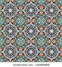 Vector mehendi design. Curved doodling mehndi motif in brown, gray and green colors. Indifferent discreet. Ethnic colorful harmonious doodle texture. Seamless calming pattern.