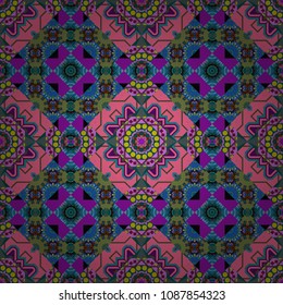 Vector mehendi design. Indifferent discreet. Ethnic colorful harmonious doodle texture. Seamless calming pattern. Curved doodling mehndi motif in purple, violet and blue colors.