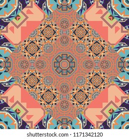 Vector mehendi design. Indifferent discreet. Seamless calming pattern. Curved doodling mehndi motif in orange, blue and gray colors. Ethnic colorful harmonious doodle texture.