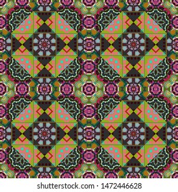 Vector mehendi design. Indifferent discreet. Curved doodling mehndi motif in brown, gray and green colors. Seamless calming pattern. Ethnic colorful harmonious doodle texture.
