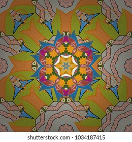 Vector mehndi pattern, set of seamless borders on green, orange and gray colors. Traditional indian style, ornamental floral elements for henna tattoo, stickers, mehndi, yoga design.