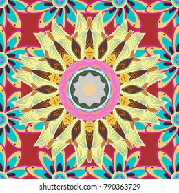 Vector mehndi pattern, set of seamless borders on yellow, blue, red colors. Traditional indian style, ornamental floral elements for henna tattoo, stickers, flash temporary tattoo, mehndi, yoga design