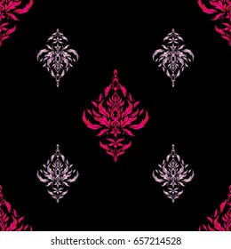 Vector mehndi seamless pattern on black. Traditional Indian style, ornamental red and magenta elements with henna tattoo, stickers, mehndi and yoga design, cards and prints.