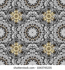 Vector mehndi seamless pattern. Ornamental floral elements with henna tattoo, golden stickers, mehndi and yoga design, cards and prints. Pattern on white, black and gray colors with golden elements.