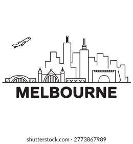 Vector Melbourne skyline. Travel Melbourne famous landmarks. Business and tourism concept for presentation, banner, web site. Vector black silhouette. with white background
