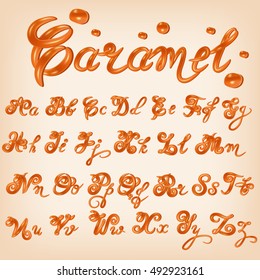 Vector melted caramel, candies,square,toffee, sauce alphabet. Shiny, glazed letters, liquid. Font style. Glossy typescript design. 