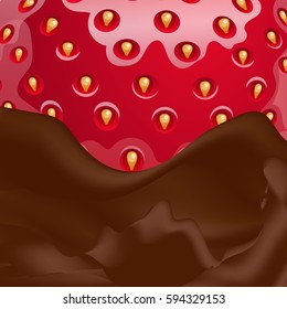 Vector melted chocolate and strawberry in it. Close-up view.