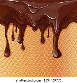 Vector melted chocolate streams pattern. Syrup drip pattern on waffle background. Flowing illustration isolated