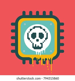 Vector melting CPU icon with skull. Concept of cyber security and Meltdown and Spectre critical exploit vulnerabilities in modern processors. Color flat image