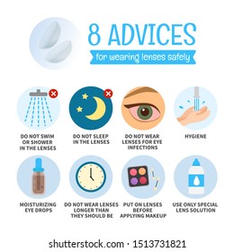 Vector memo 8 advices for wearing contact lenses safely. Eye health concept.
