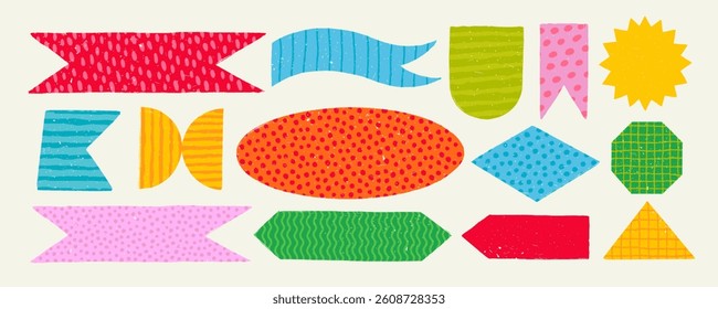 Vector memo bookmarks, flag banners and shapes for notebook or diary with childish patterns.