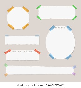 Vector Memo Stickers Set, Isolated Group of Objects, Attached by Adhesive Tape White Paper Pieces.