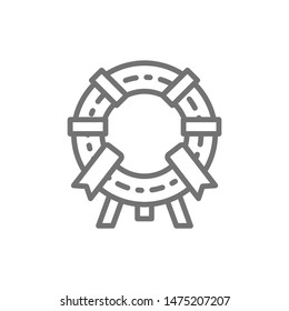 Vector memorial wreath, funeral ceremony line icon.