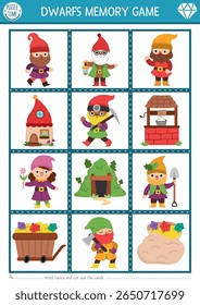 Vector memory game cards with cute dwarf, house, mine, cart with treasures. Woodland matching activity. Remember and find correct card. Simple printable worksheet for kids with gnomes
