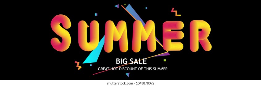 Vector memphis 90s trendy retro style summer sale, discount poster, banner black background template. Illustration with simple abstract geometric patterns. Promo retail advertising design layout