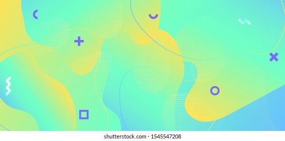 Vector Memphis Banner. Creative Fluid Website Design. Yellow Abstract Wave Shape. Summer Geometric Wallpaper. Blue Vector Pastel Banner. Fluid Booklet Template. Graphic Liquid Cover.
