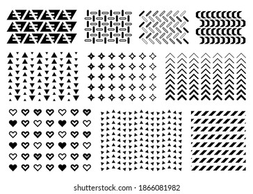 Vector memphis design elements set. Collection of black abstract geometric shapes isolated on white background. Repeating memphis pattern with triangles, squares, arrows hearts dynamic gradient.
