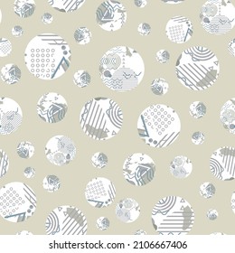 Vector Memphis design scattered circles background. Seamless pattern with fun hand drawn round shapes filled with hand drawn paint brush strokes,triangles,waves,zigzag shapes. 1980s abstract repeat