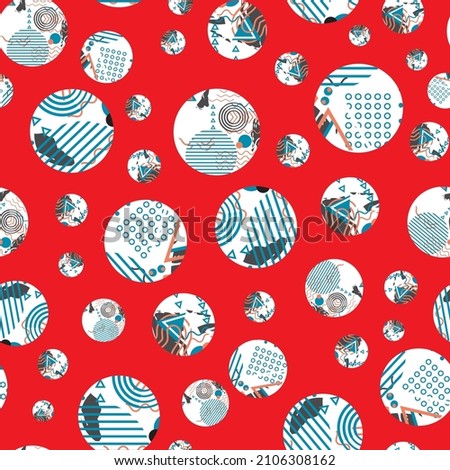 Vector Memphis design scattered circles background. Seamless pattern with fun hand drawn round shapes filled with hand drawn paint brush strokes,triangles,waves,zigzag shapes. 1980s abstract repeat