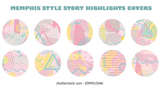 Vector Memphis design style social media story highlight covers. Fun hand drawn icons with hand drawn paint brush strokes,triangles,waves,zigzag shapes. Abstract round buttons. Perfect for bloggers