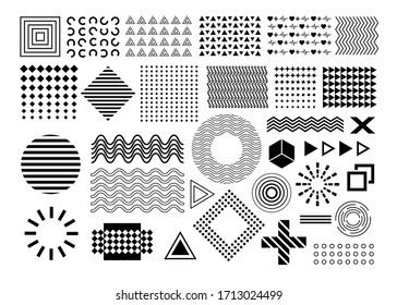 Vector Memphis, Set Of Abstract Geometric Shapes, Ornamental Shapes, Waves, Seamless Patterns, Geometric Shapes, Design Elements, In Black Color Isolated On White Background