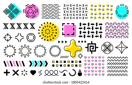 Vector memphis. Set of abstract geometric shapes, ornamental shapes, waves, seamless patterns, geometric shapes, design elements. colorful set in blue, yellow, purple isolated on white background
