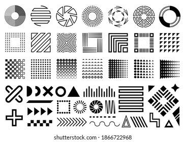 Vector memphis, set of abstract geometric shapes, ornamental shapes, waves, seamless patterns, geometric shapes, design elements, in black color isolated on white background.