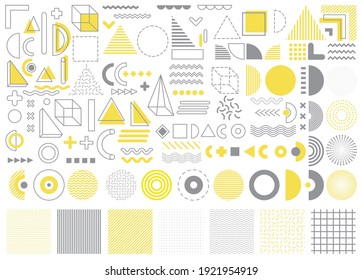 Vector Memphis, set of abstract geometric shapes, ornamental shapes, waves, seamless patterns, geometric shapes, design elements in trendy gray and yellow color isolated on white background