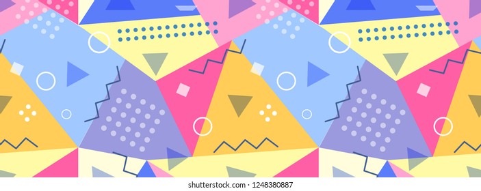Vector memphis style banner background. Colorful abstract geometric pattern.