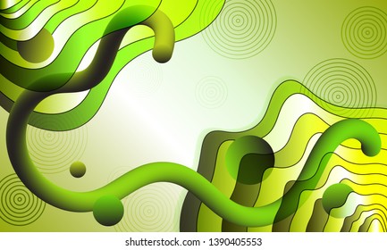 Vector memphis style banner background template. Modern design with geometric shapes and place for text. Futuristic memphis cover kit. Fluid and flying shapes, circles, green 3d gradient moving curve.