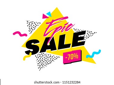 Vector memphis style banner with Epic Sale label. Bright geometric shapes and textures. 90s or 80s design template ready to be used in poster, email or advertisement.