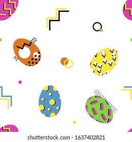 Vector memphis style easter seamless pattern background with neon colored easter eggs and different geometric ornaments.