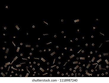 Vector memphis style gold confetti on black background. Falling tinsel confetti from minimalistic geometric triangles, zigzag, waves, squares, ribbons. Flat gold memphis glitter festive decoration.