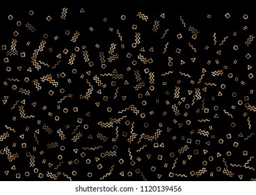 Vector memphis style gold confetti on black background. Falling flying tinsel confetti from minimalistic geometric triangles, zigzag, waves, squares, ribbons. Flat memphis glitter festive decoration.