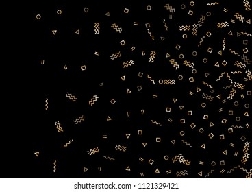 Vector memphis style gold confetti motion on black background. Falling tinsel confetti from minimalistic geometric triangles, zigzag, waves, squares, ribbons. Flat memphis glitter festive decoration.