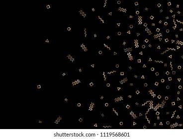 Vector memphis style golden confetti on black background. Falling tinsel confetti from minimalistic geometric triangles, zigzag, waves, squares, ribbons. Flat memphis glitter festive moving decoration