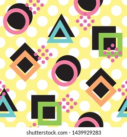 Vector Memphis Style Seamless Pattern with Cut-Out Circles, Crosses, Squares, Triangles and Polka Dots in Pink, Yellow, White, Blue, Black, Orange and Green. Perfect For Fashion, Fabric and Textiles.