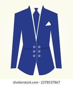 Vector of men blue coat and tie with pockets,  and buttons. Long sleeves coat with a handkerchief. Man business suit, wedding coat or formal coat for celebration
