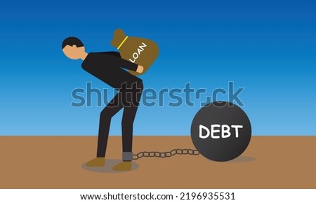 A vector of men carrying loan burden with debt legcuff. Financial burden and struggle issue.