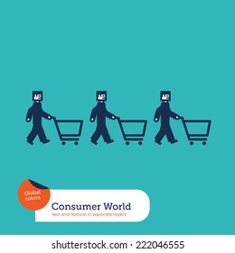Vector men chain with shopping caddies. Vector illustration Eps10 file. Global colors. Text and Texture in separate layers.