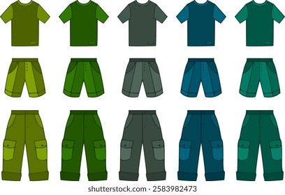 Vector men clothes of t shirts, shirts, shorts and trousers for boys, babies and men 