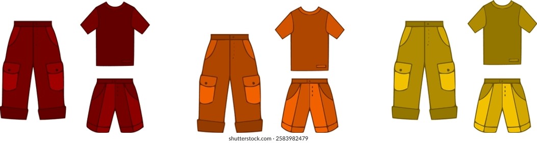 Vector men clothes of t shirts, shirts, shorts and trousers for boys, babies and men 