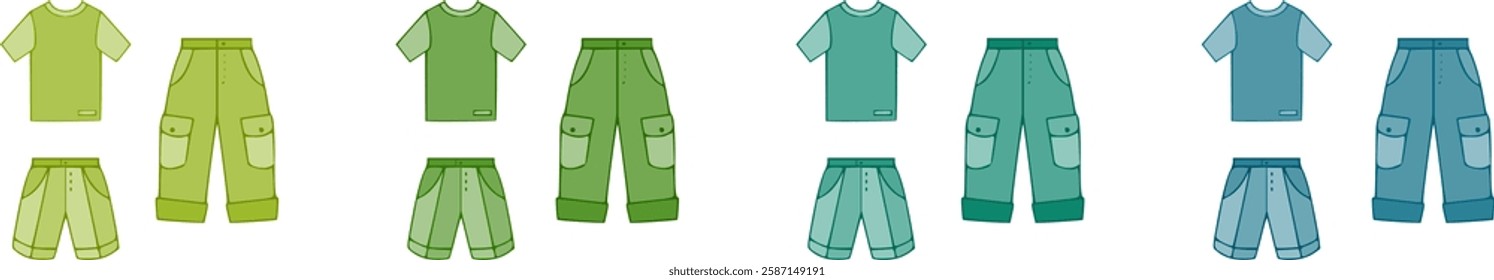 Vector men clothes of t shirts, shirts, shorts and trousers for boys, babies and men