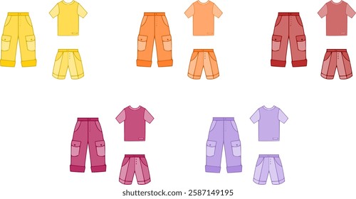 Vector men clothes of t shirts, shirts, shorts and trousers for boys, babies and men