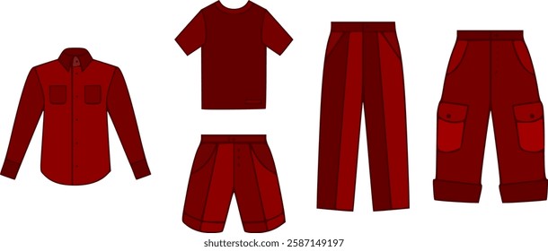 Vector men clothes of t shirts, shirts, shorts and trousers for boys, babies and men