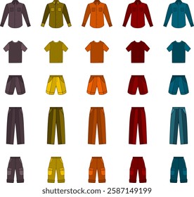 Vector men clothes of t shirts, shirts, shorts and trousers for boys, babies and men