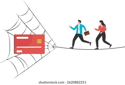 A vector of men clueless after having credit card as debt. Credit card as trap.


